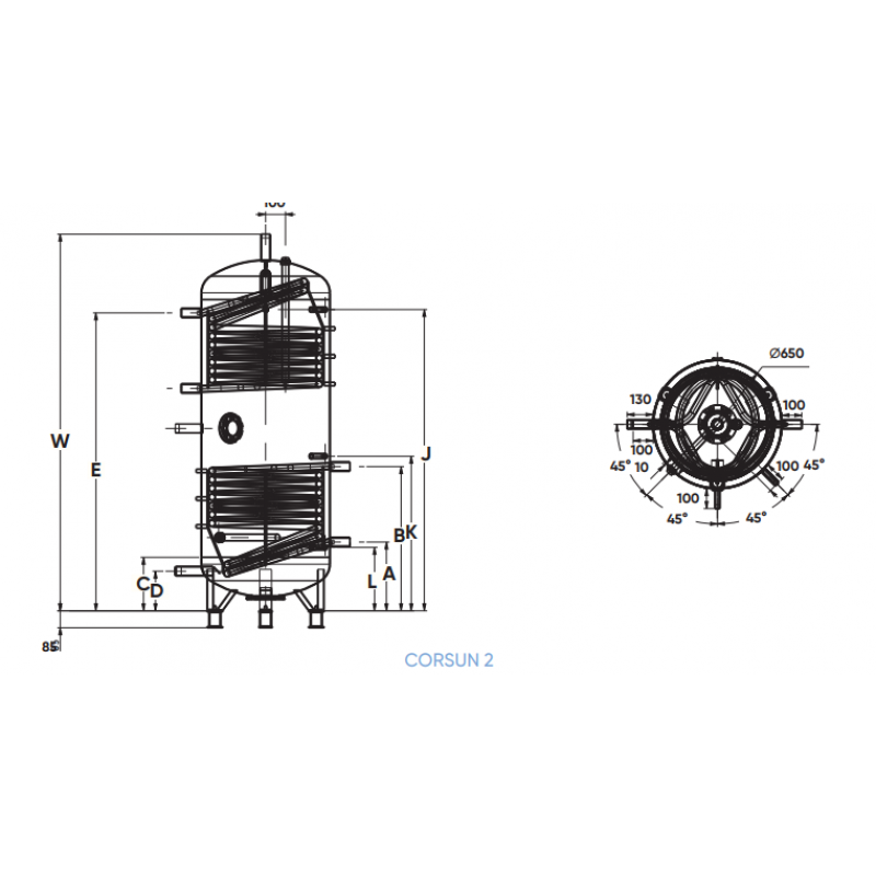 Atlantic CORSUN 2 (500L) Wymiennik c.w.u. z 2 wężownicami 1,58 + 1,58m2, pojemność 500 litrów, stojący, kolor antracyt Kod 640440 