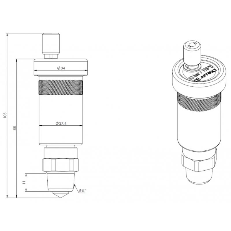 Afriso Odpowietrznik automatyczny pionowy PrimoVent G3/8" z Aquastop i zaworem stopowym R1/2 cala, niklowany 12 bar, 110 C kod 7773561 