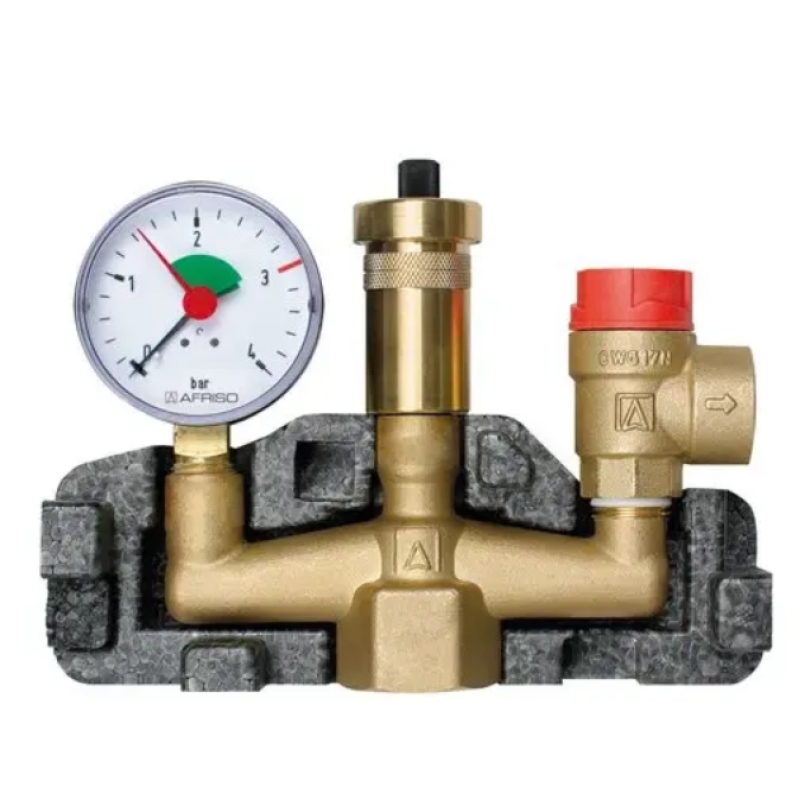 Afriso Grupa bezpieczeństwa kotła KSG z zaworem bezpieczeństwa 1/2 cala x 3/4 cala, MS 3 bar, przyłącze GW 1 cal, manometr RF 0-4 bar, Nmax UDT 73,6kW Kod 77938 