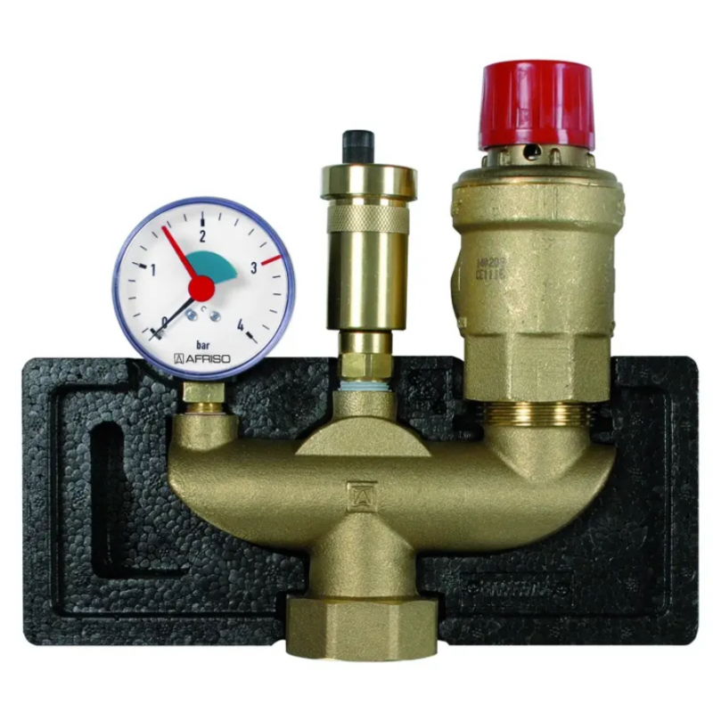 Afriso Grupa bezpieczeństwa kotła KSG magnum z zaworem bezpieczeństwa 1/4 cala x 1/2 cala, MS 3 bar, przyłącze nakrętka G 1 1/2 cala, manometr RF 0-4 bar, Nmax TUV 350 kW Kod 77628