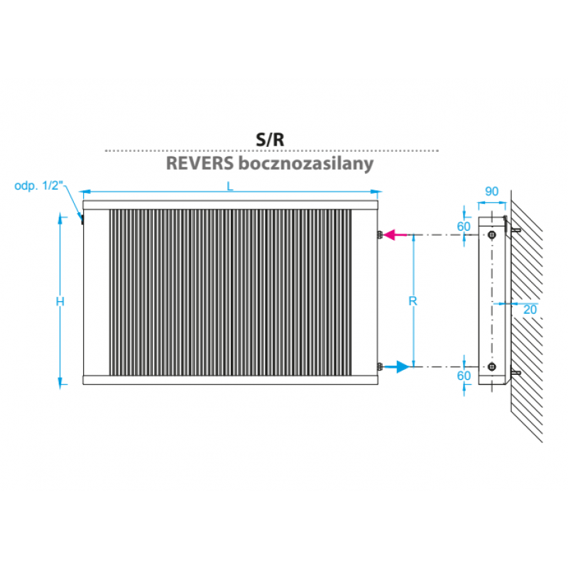 REGULUS REVERS S12/R/80 Grzejnik ścienny 1115x800mm, bocznozasilany, miedziano-aluminiowy Kod RVSB1208 