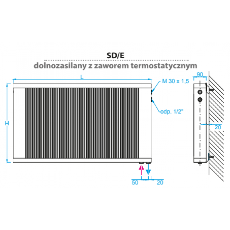 REGULUS REVERS SD3/R/100 Grzejnik ścienny 300x1000mm, dolnozasilany, miedziano-aluminiowy Kod RVSD0310 