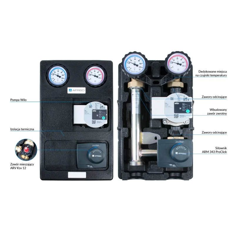 Afriso grupa pompowa PrimoTherm K 180-2 DN25, zawór mieszający, siłownik ARM 343, pompa Wilo kod 77814 