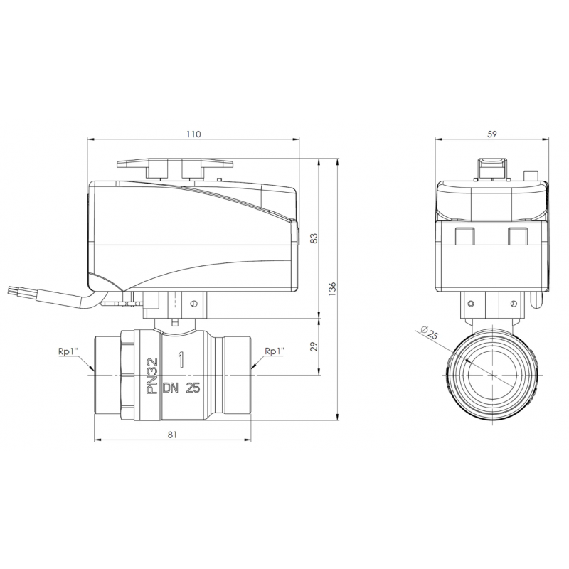 Afriso bev223 2-drogowy zawór kulowy z siłownikiem, dn25, rp1 cala, kvs 60, 24 v ac, no, kod: 9022310 