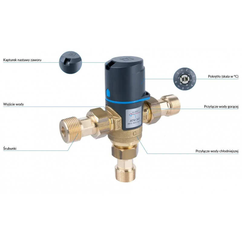 Afriso zestaw termostatycznego zaworu mieszającego ATM 561, DN20, G1 cal, Kvs 2,5 m3/h, ze śrubunkami kod 1256144 