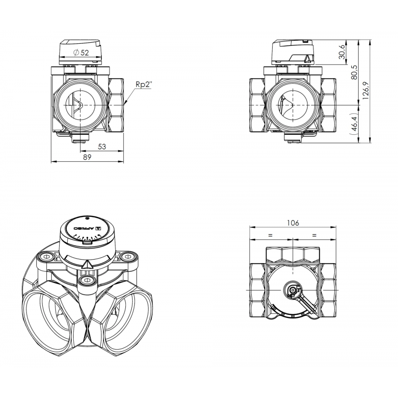 Afriso 3-drogowy obrotowy zawór mieszający ARV 387 Vario ProClick, DN50, Rp2 cale, Kvs 17 - 50 kod 1338720 