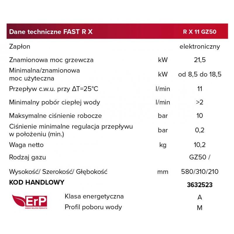 Ariston FAST R X 11 - NG Gazowy przepływowy podgrzewacz wody, 21.5 kW, GZ50, KOD: 3632523 