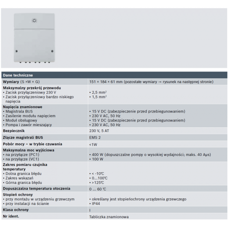 Junkers MM100 Moduł do sterowania przynależnym obiegiem z regulatorem CW 100 lub CW 400 Kod 7738113392 