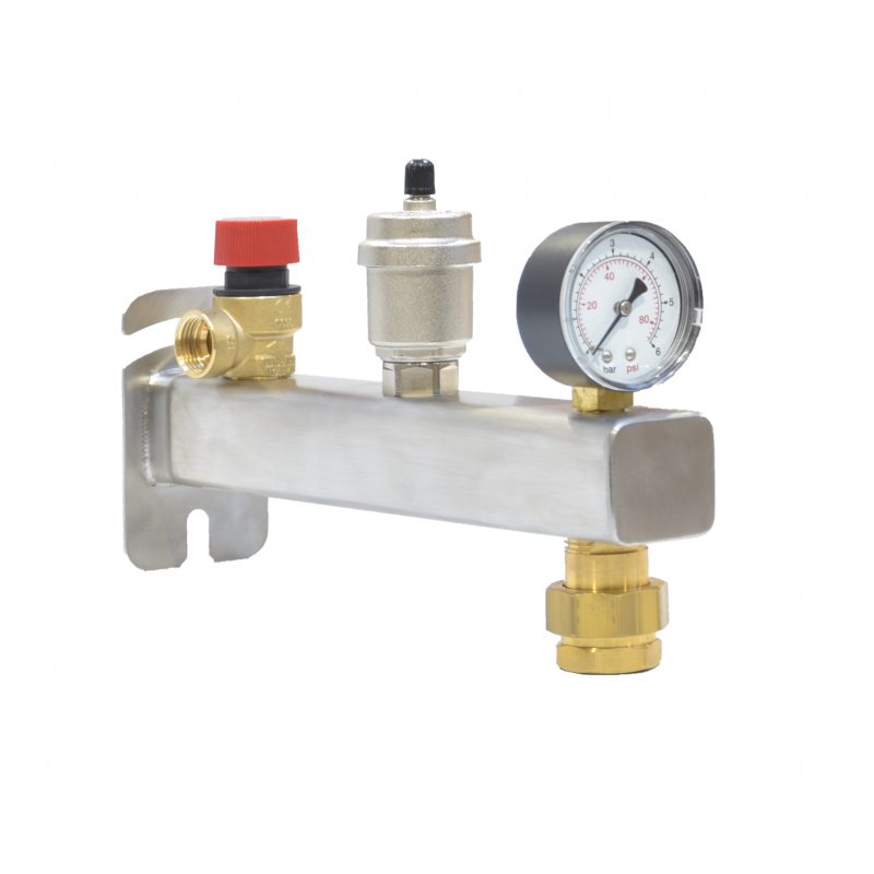 Womix grupa bezpieczeństwa INOX do c.o. 1,5 bar, z wyposażeniem, z szybkozłączem 3/4” do naczynia przeponowego, kod 200616