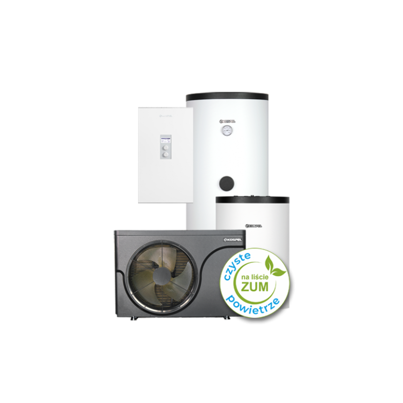 Kospel Pakiet HPM2.Z-8 z z pompą ciepła HPMO2-8, jednostką wewnętrzną HPMI2-8 oraz wymiennikiem c.w.u. SWP-300 i buforem c.o. SVK-100