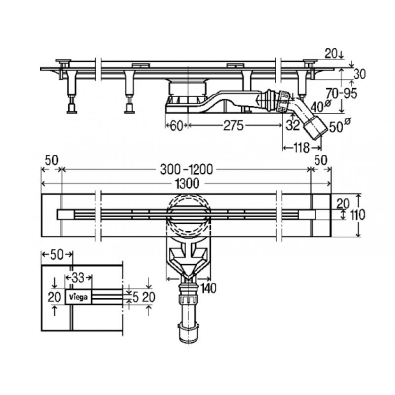 Viega Advantix Vario-odpływ liniowy - korpus, 300-1200 mm Kod 721 671 