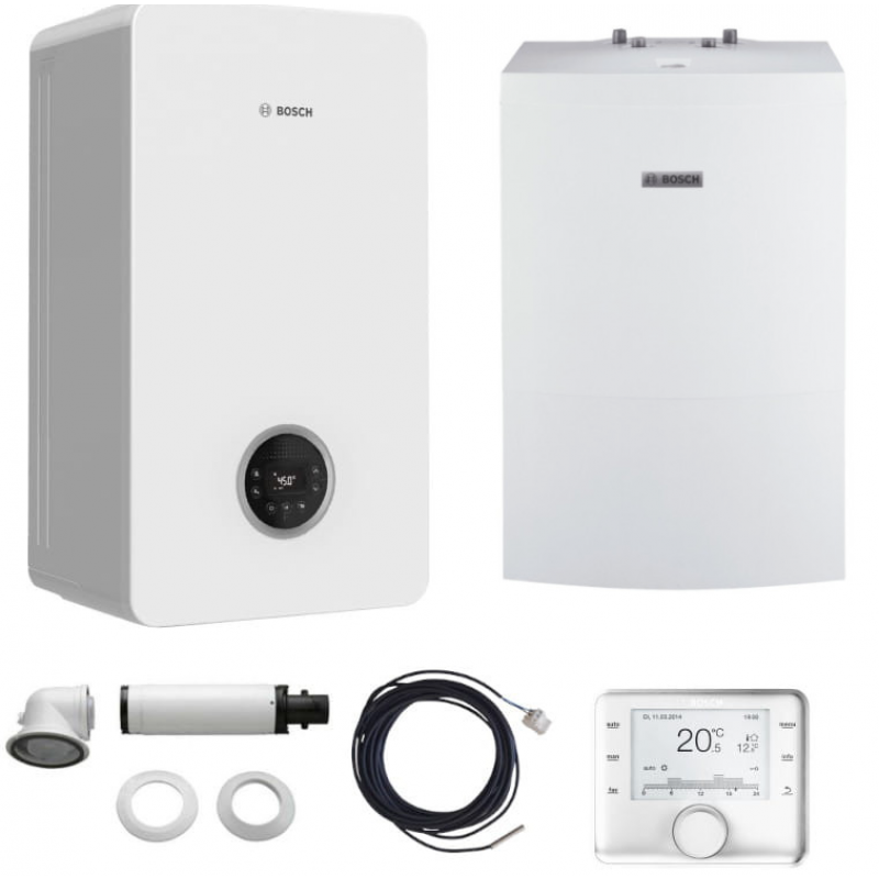 Bosch Condens GC2300iW 20P Kocioł gazowy + zasobnik Stora WD120B + CR400+ zestaw przyłączeniowy 80/125 poziomy +czujnik temperatury zewnętrznej Kod 8734100665