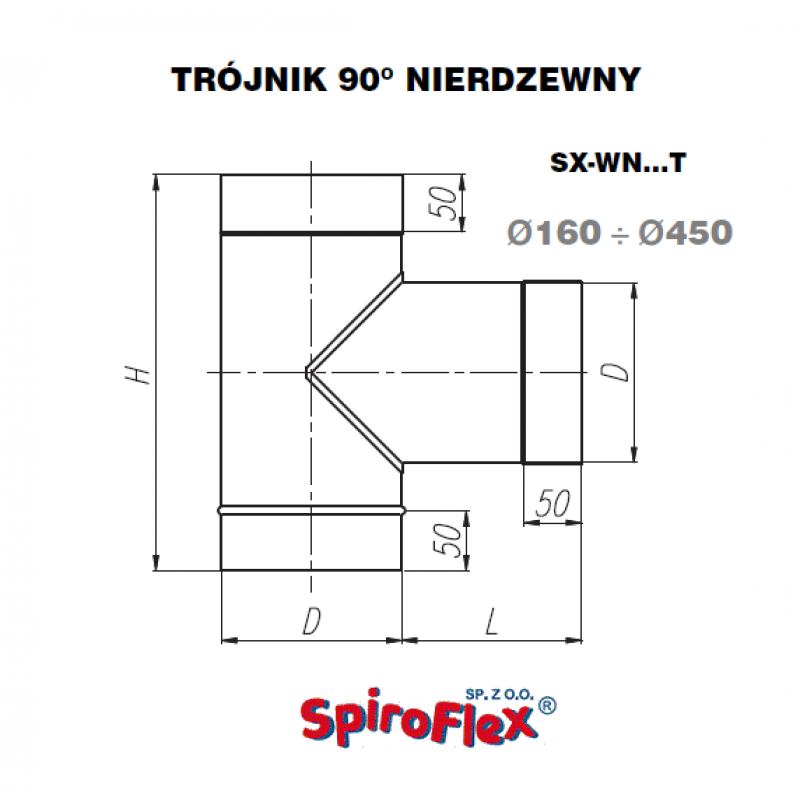 Spiroflex  trójnik spalinowy 90° fi 200 stal nierdzewna, trójnik kominowy SX-WN200T