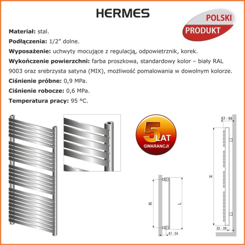 Termix grzejnik łaz. biały HERMES 700 mm X 430 mm H14/40 